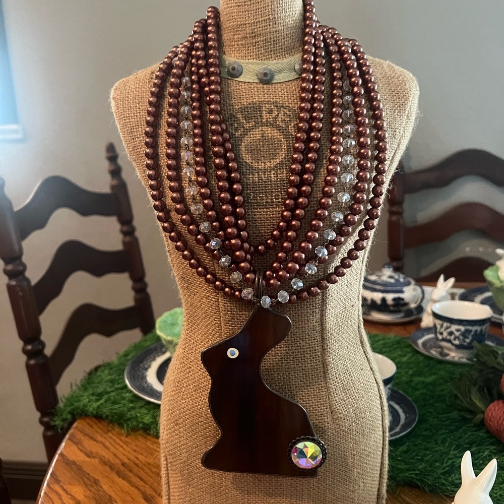 Multi-Strand Brown Beaded Necklace with Bunny Pendant